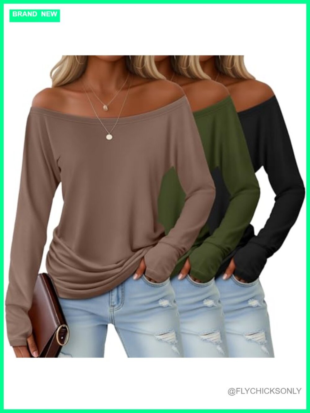 3 Pack Womens Off The Shoulder Boat Neck Long Sleeve Thumbhole Tees